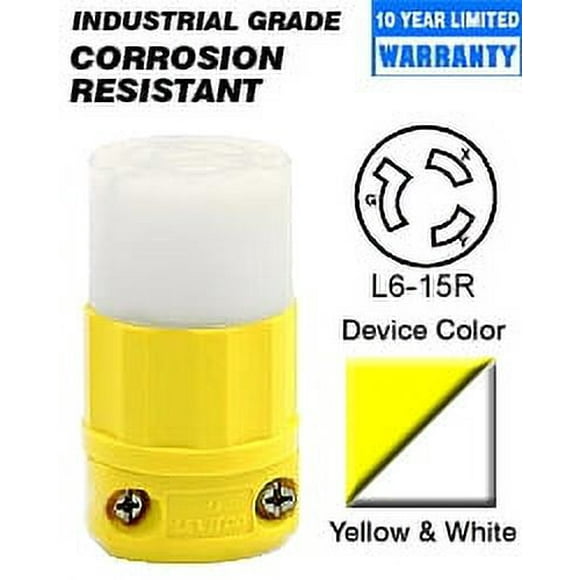 Leviton 45CM-79C Connector Locking Blade Corrosion Resistant L6-15R 15A 250V 2P3W Grounding - Yellow-White