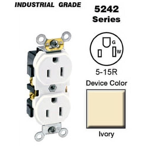 Leviton 5242-I Duplex Receptacle Industrial Grade 5-15R 15A 125V Side Wired - Ivory