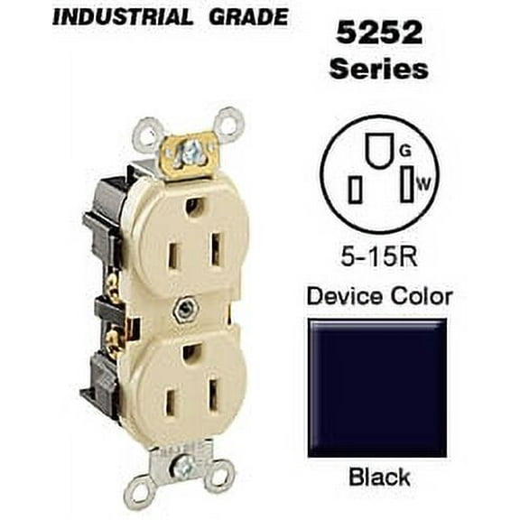 Leviton 5252-E Duplex Receptacle Industrial Grade 5-15R 15A 125V BandS 8 Hole Feed-Thru Wired - Black