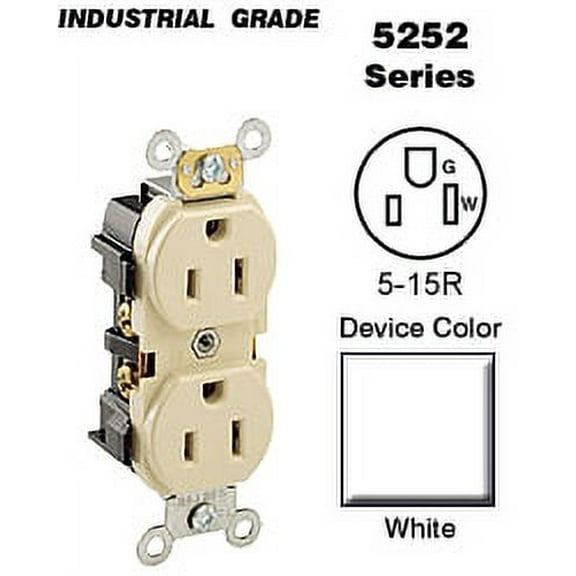 Leviton Duplex Receptacle 5252-W Industrial Series - Heavy Duty, 15 Amp, 125V, White