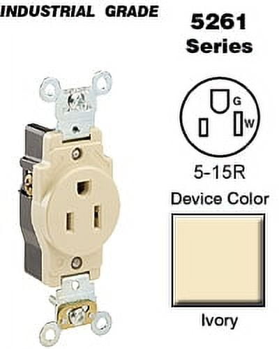 Leviton 5261-I Single Receptacle Industrial Grade 5-15R 15A 125V BandS Wired - Ivory