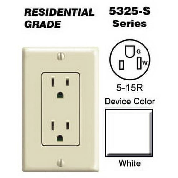 Leviton 5325-SW Decora Duplex Receptacle Residential Grade 5-15R 15A 125V Quickwire Push-In and Side Wired - White
