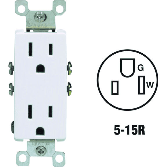 Leviton 5325 15A 125V Duplex Receptacle — Decora® Rocker-Style Design in White — 15A 125V — UL Listed for US Residential Electrical Code Compliance, Drop-in NEC-Standard Wiring