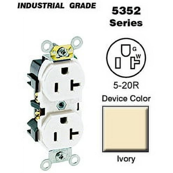 Leviton 5352-I Duplex Receptacle Industrial Grade 5-20R 20A 125V BandS 8 Hole Feed-Thru Wired - Ivory