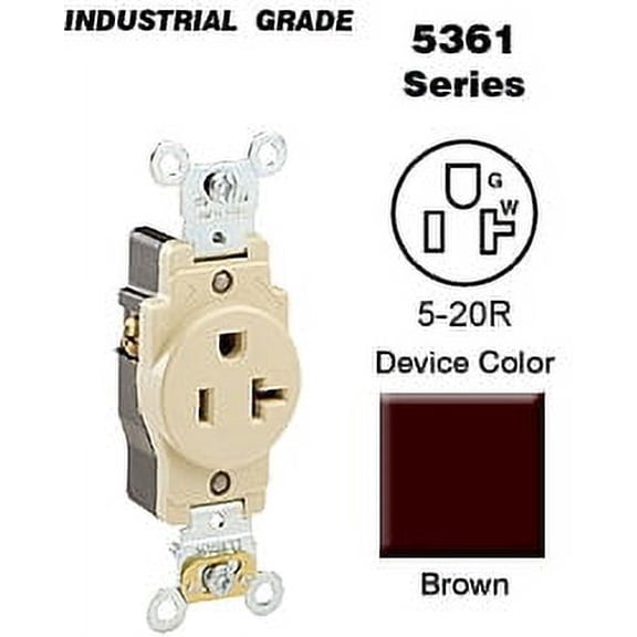 Leviton 5361 20 Amp, 125 Volt, Industrial Heavy Duty Grade, Single Receptacle, Straight Blade, Self Grounding, Brown