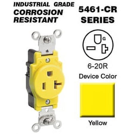 Leviton 5461-CR Single Receptacle Corrosion-Resistant Industrial Grade 6-20R 20A 250V Side Wired - Yellow