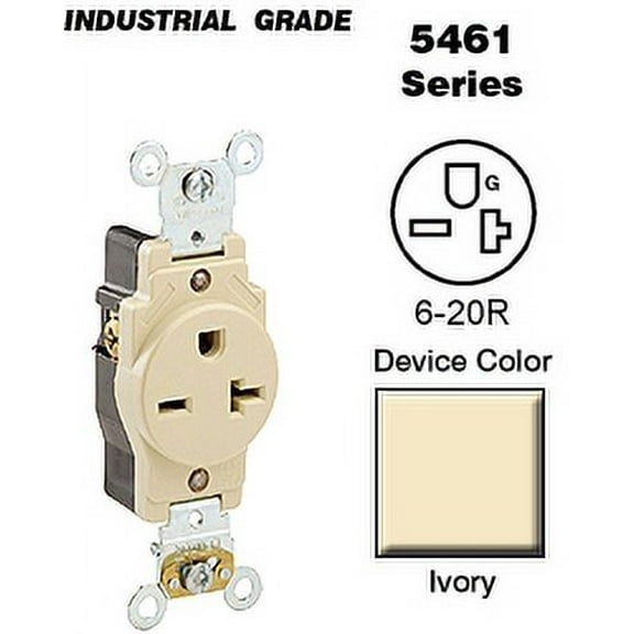 Leviton 5461-I Single Receptacle Industrial Grade 6-20R 20A 250V B&S Wired - Ivory (Pkg of 10)