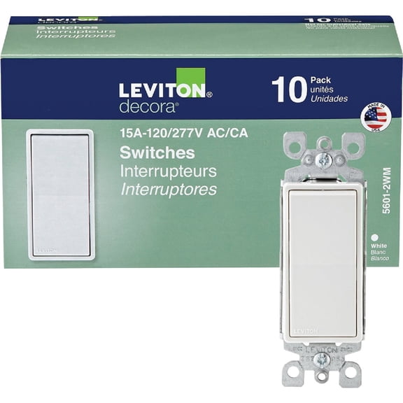 Leviton 5601-2WM 15 Amp, 120/277 Volt, Decora Rocker Single-Pole AC Quiet Switch, Residential Grade, Grounding, 10-Pack, White (10 Total)