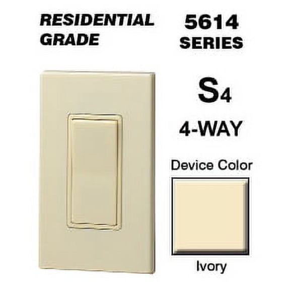 Leviton 5614-2I Rocker Switch Decora 4-Way 15 Amp 120/277 VAC Grounding Residential Grade Quickwire Push-In and Side Wired - Ivory