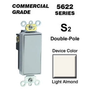 Leviton 5622-2T Rocker Switch Decora Double-Pole 20 Amp 120/277 VAC Self-Grounding Commercial Grade Back and Side Wired - Light Almond