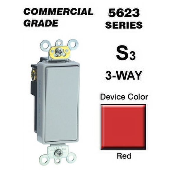 Leviton 5623-2R Rocker Switch Decora 3-Way 20 Amp 120/277 VAC Self-Grounding Commercial Grade Back and Side Wired - Red