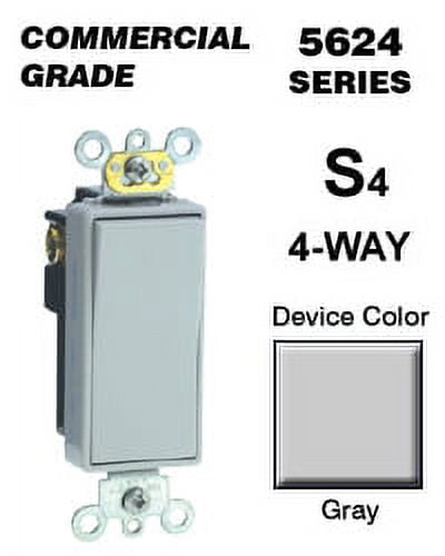 Leviton 5624-2GY Rocker Switch Decora 4-Way 20 Amp 120/277 Volt Self-Grounding Commercial Grade Back and Side Wired - Gray