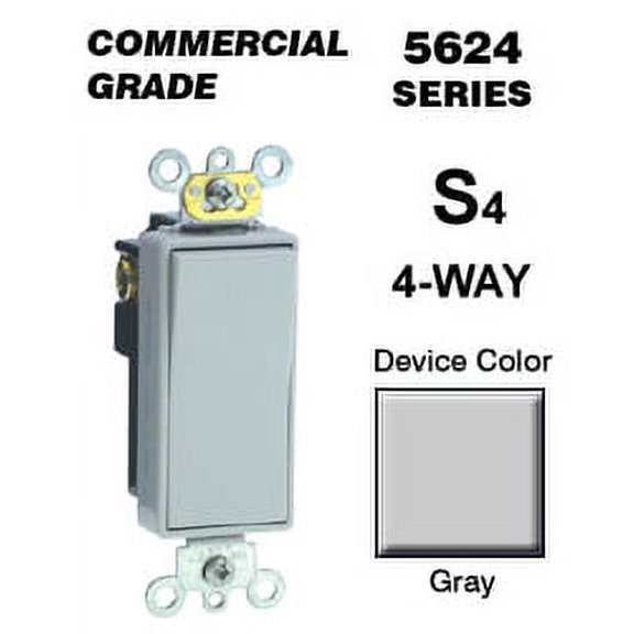 Leviton 5624-2GY Rocker Switch Decora 4-Way 20 Amp 120/277 Volt Self-Grounding Commercial Grade Back and Side Wired - Gray