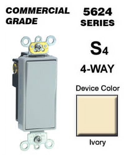 Leviton 5624-2I Rocker Switch Decora 4-Way 20 Amp 120/277 VAC Self-Grounding Commercial Grade Back and Side Wired - Ivory