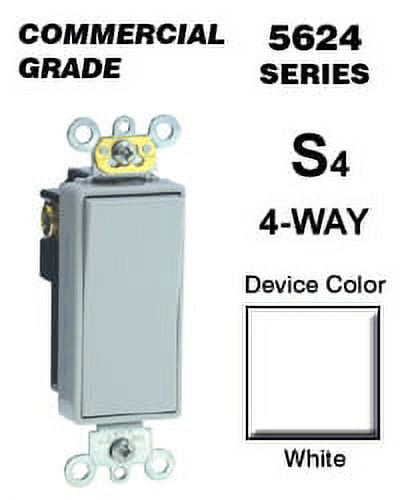 Leviton 5624-2W 20-Amp 120/277-Volt Decora Plus Rocker 4-Way AC Quiet Switch, White