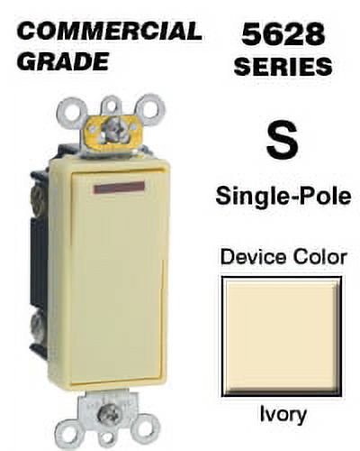 Leviton 5628-2I Rocker Switch Decora Single-Pole 20 Amp 120 VAC Self-Grounding Commercial Grade Back and Side Wired - Ivory
