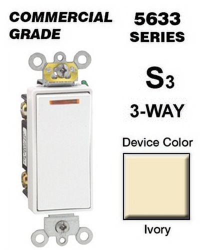 Leviton 5633-2I Rocker Switch Decora 3-Way 20 Amp 120 VAC Self-Grounding Commercial Grade Back and Side Wired - Ivory