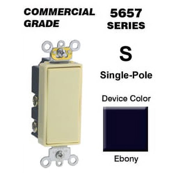 Leviton 5657-2E Rocker Switch Decora SPDT Ctr-OFF Momentary Contact 15 Amp 120/277 VAC Self-Grounding Commercial Grade Back and Side Wired - Black