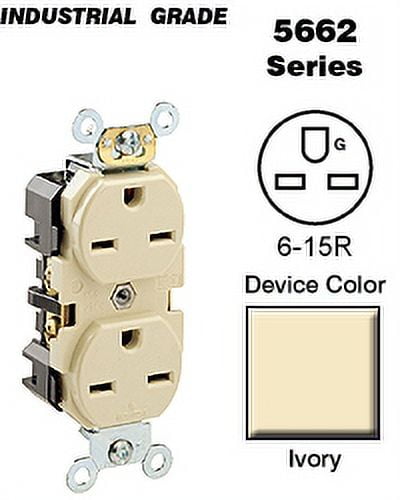 Leviton 5662-I Duplex Receptacle Industrial Grade 6-15R 15A 250V BandS 8 Hole Feed-Thru Wired - Ivory