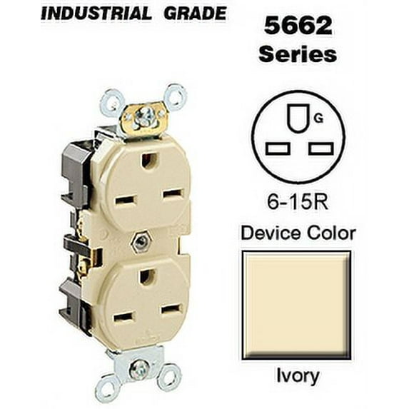 Leviton 5662-I Duplex Receptacle Industrial Grade 6-15R 15A 250V BandS 8 Hole Feed-Thru Wired - Ivory