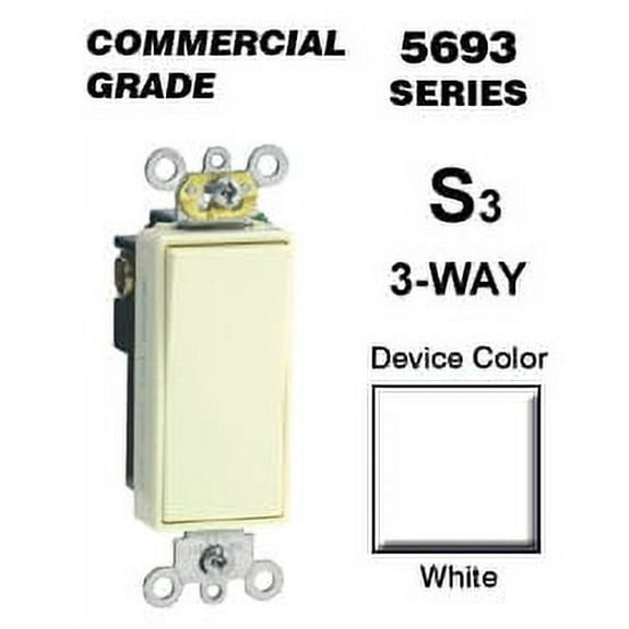 Leviton Decora 15 Amp 3-Way AC Quiet Rocker Switch, White 5693-2WS