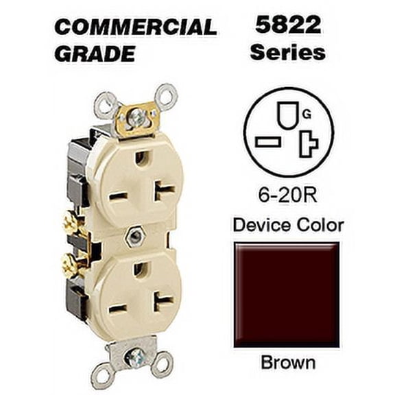 Leviton 5822 Duplex Receptacle Commercial Grade 6-20R 20A 250V Side Wired - Brown
