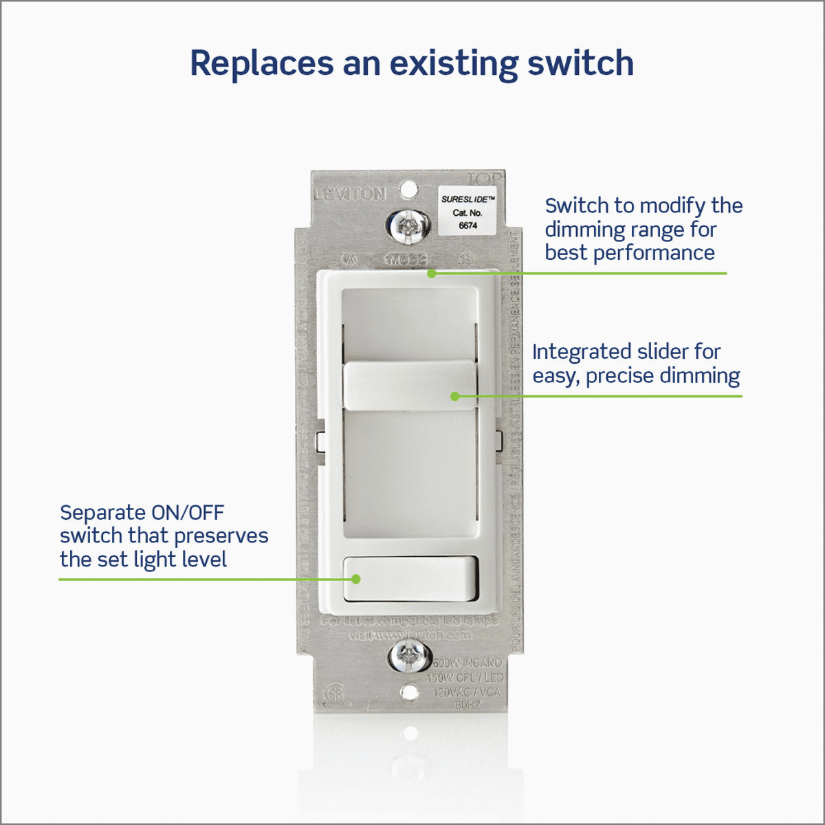 Leviton 6674 Dimmer Switch in White — UL Listed for US Residential