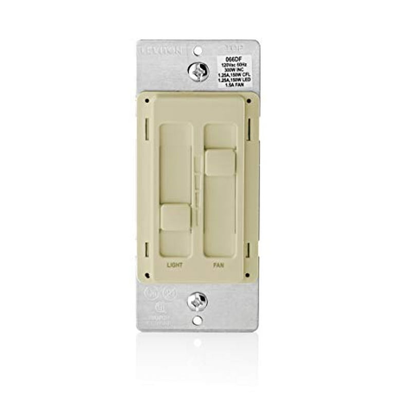 Leviton SureSlide 1.5 Amp Fan 120V Dual Quiet Fan and Light Control for 150W LED, 300-Watt Incandescent/Halogen, Light Almond Leviton SureSlide 1.5 Amp Fan 120V Dual Quiet Fan and Light Control for 150W LED, 300-Watt Incandescent/Halogen, Light Almond