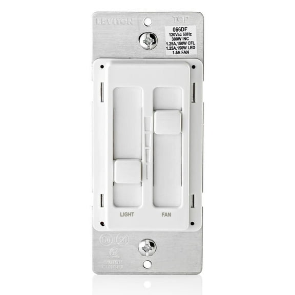 Leviton Decora SureSlide Fan & Incandescent/LED/CFL Light White Slide Dimmer Switch