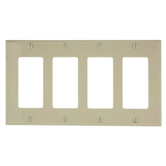 Leviton 80412-NI 4-Gang Decora GFCI Rocker Switch Wall Plate, Standard Size Cover, Unbreakable Nylon, Device Mount, Ivory
