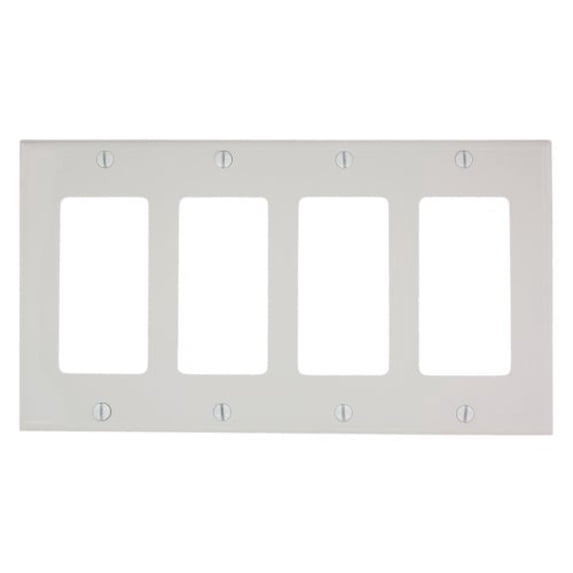 Leviton 80412-NW 4-Gang Decora GFCI Rocker Switch Wall Plate, Standard Size Cover, Unbreakable Nylon, Device Mount, White