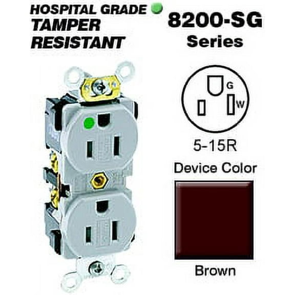 Leviton 8200-SG Duplex Receptacle Tamper-Resistant Hospital Grade 5-15R 15A 125V BandS 8 Hole Feed-Thru Wired - Brown