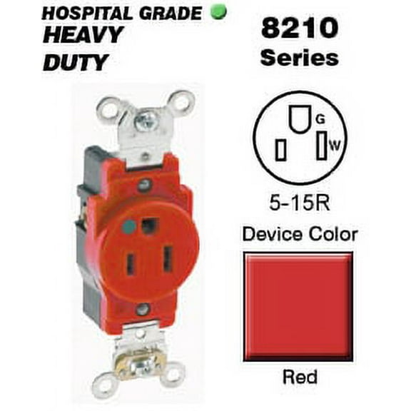 Leviton 8210-R Single Receptacle Hospital Grade 5-15R 15A 125V BandS Wired - Red