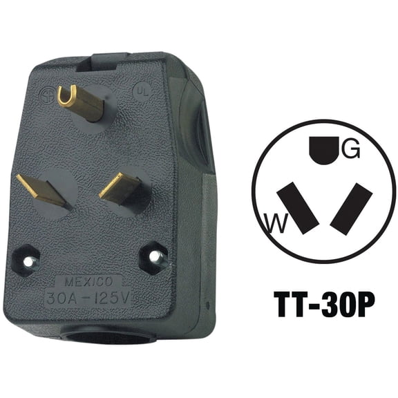 Leviton 830-T 30 Amp, 125 Volt, Travel Trailer Vinyl Grounding Angle Plug, Black