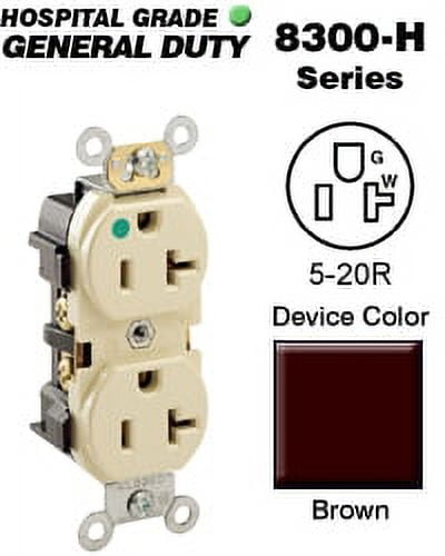 Leviton 8300-H 20-Amp, 125-Volt, Heavy Duty Hospital Grade, Duplex Receptacle, Straight Blade, Self Grounding, Brown