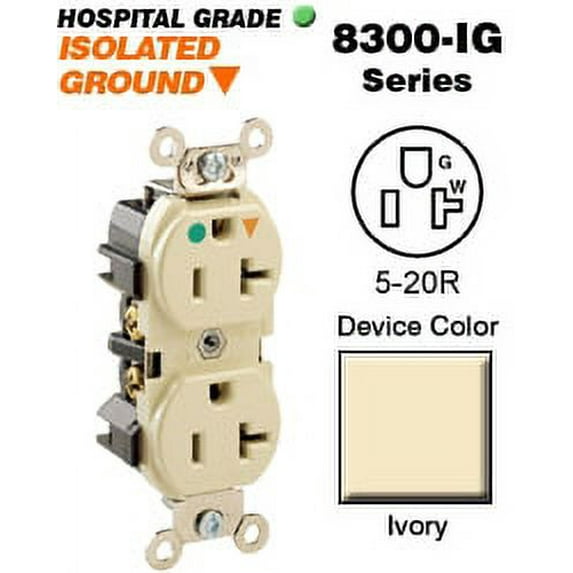 Leviton 8300-IGI Duplex Receptacle Isolated Ground Hospital Grade 5-20R 20A 125V BandS Wired - Ivory