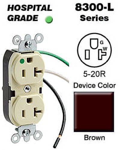 Leviton 8300-L Duplex Receptacle Leaded Device Hospital Grade 5-20R 20A 125V Pigtail Leads Wired - Brown - image 1 of 1