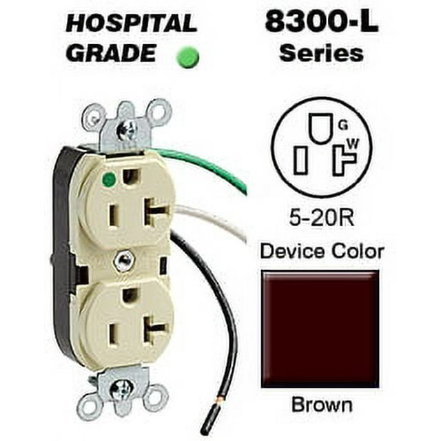 Leviton 8300-L Duplex Receptacle Leaded Device Hospital Grade 5-20R 20A 125V Pigtail Leads Wired - Brown