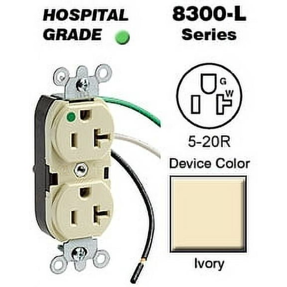 Leviton 8300-LI Duplex Receptacle Leaded Device Hospital Grade 5-20R 20A 125V Pigtail Leads Wired - Ivory