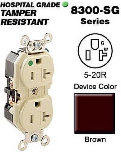 Leviton 8300-SG Duplex Receptacle Tamper-Resistant Hospital Grade 5-20R 20A 125V BandS 8 Hole Feed-Thru Wired - Brown