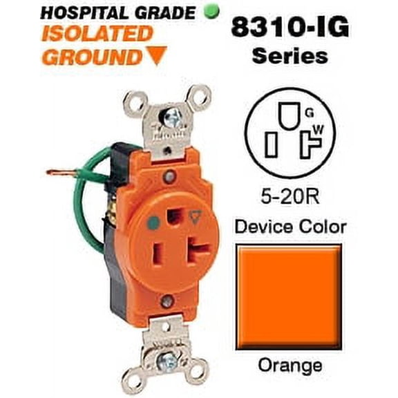Leviton 8310-OIG 20 Amp, 125 Volt, Narrow Body Single Receptacle, Straight Blade, Hospital Grade, Isolated Ground, Orange