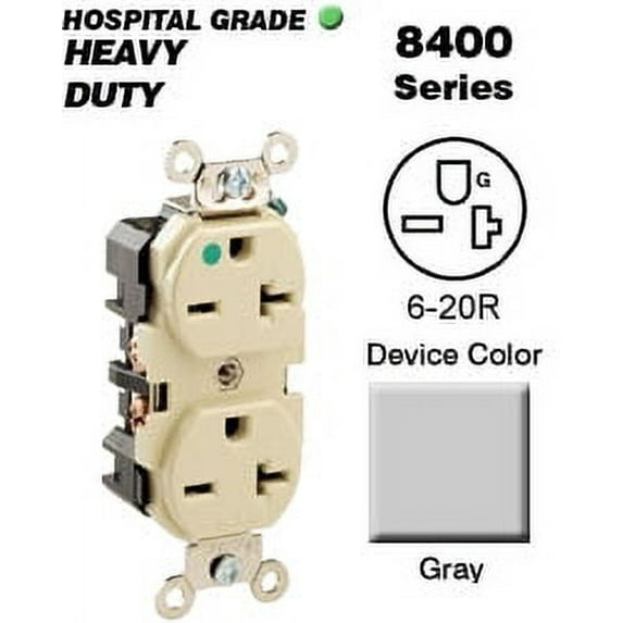 Leviton 8400-GY 6-20R Wide Body Duplex Receptacle Hospital - GRAY