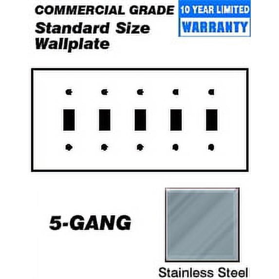 Leviton 84023-40 5-Gang Toggle Switch Wallplate – Standard Size, 302 Stainless Steel, Device Mount, Brushed Metal