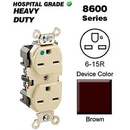 Leviton 8600 Duplex Receptacle Hospital Grade 6-15R 15A 250V BandS 8 Hole Feed-Thru Wired - Brown