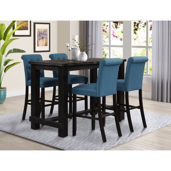 Leviton Antique Black Finished Wood 5-Piece Pub Set, Table with 4 Upholstered Barstools, Blue
