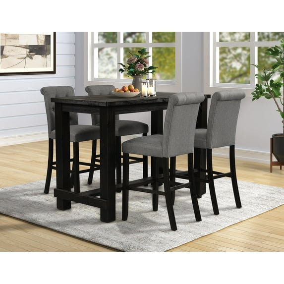 Leviton Antique Black Finished Wood 5-Piece Pub Set, Table with 4 Upholstered Barstools, Gray