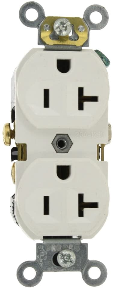Leviton BR20-W 20-Amp, 125-Volt, Narrow Body Duplex Receptacle, Straight Blade, Commercial Grade, Self Grounding, White