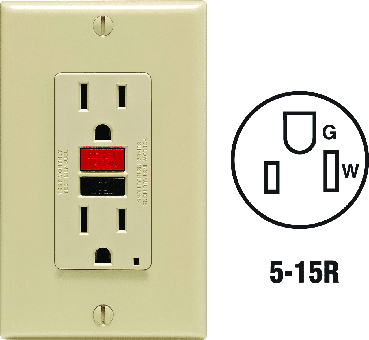 Leviton GFCI Receptacle in Ivory — UL Listed for US Residential Electrical Code Compliance, Drop-in NEC-Standard Wiring