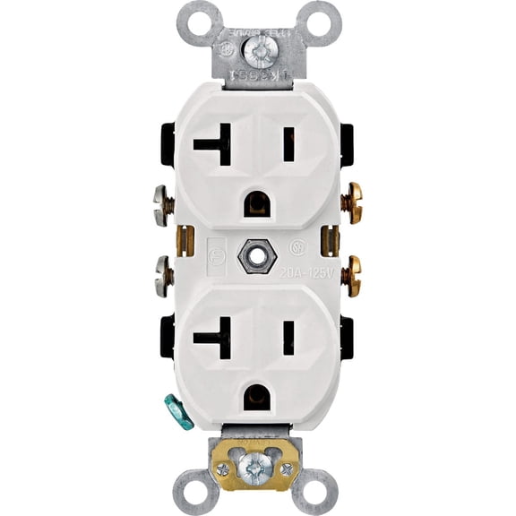 Leviton CR020-W Duplex Receptacle, Commercial Spec Grade, Smooth Face, 20 Amp, 125 Volt, Side Wire, NEMA 5-20R, 2-Pole, 3-Wire, Self-Grounding - White