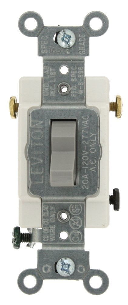 Leviton CS320-2GY 3-Way Toggle Light Switch, 20A 120/277V, Side Wire, Grounding, Commercial Specification Grade, Gray